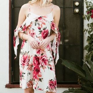 Tie-Sleeve Floral Dress, Ivory
